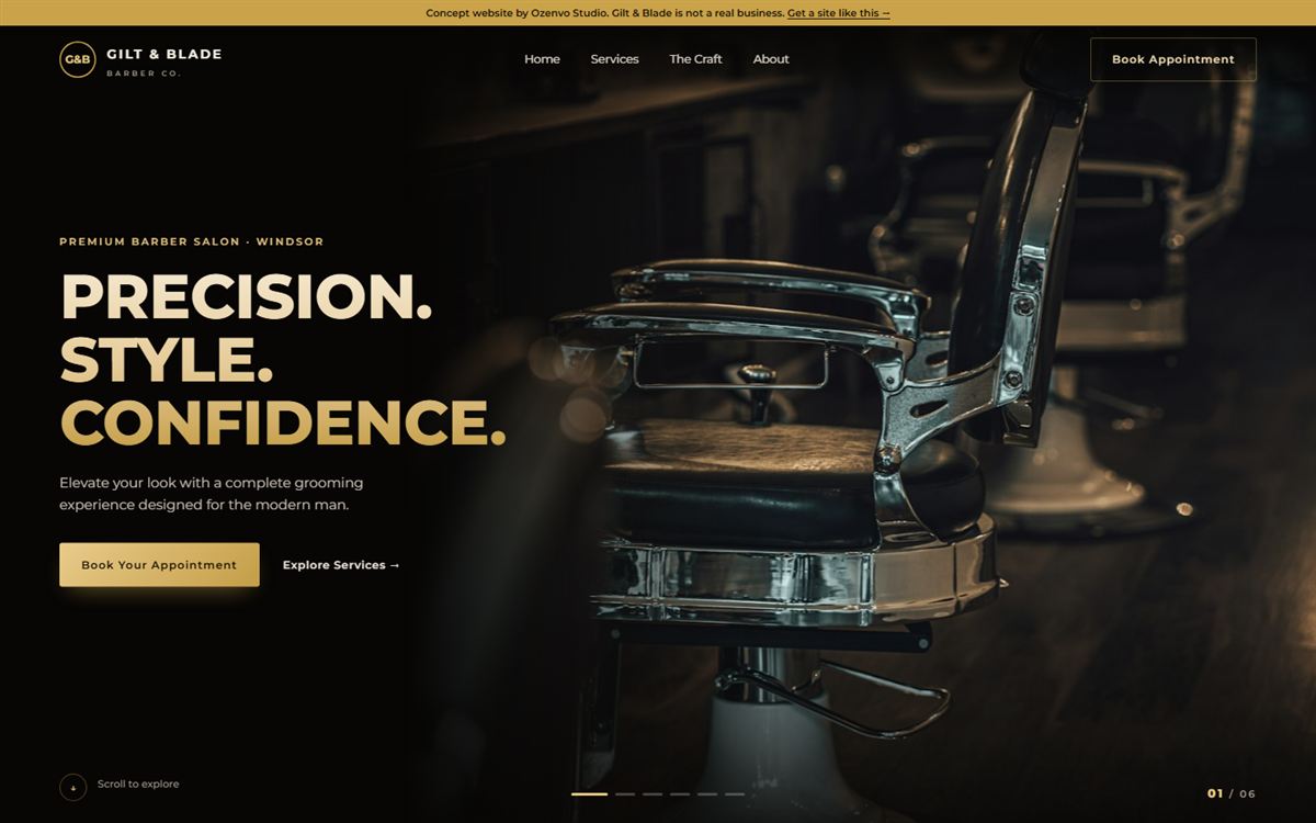 Gilt & Blade barbershop demo website by Ozenvo Studio